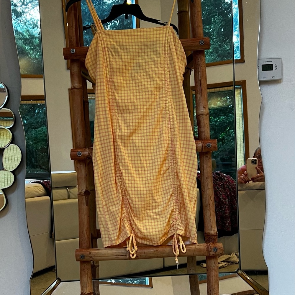 Wild Fable yellow sundress with light pink check. Bottom draw string